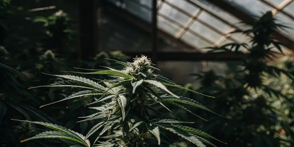 Close-up view of cannabis buds growing in a greenhouse environment.