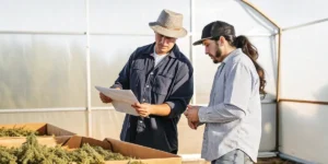 Two cannabis farmers reviewing documents beside boxes of harvested buds in a greenhouse.