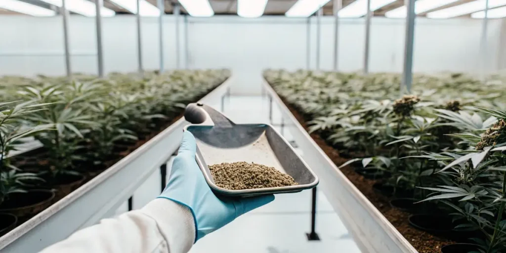 worker holding a scoop filled with cannabis fertilizer inside a large greenhouse cultivation area