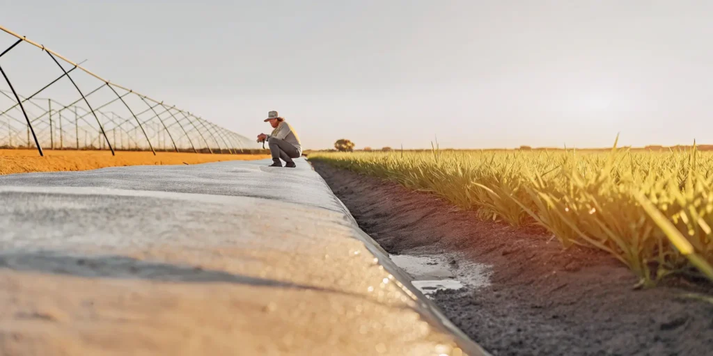 Farmer kneeling in a cannabis field at dawn inspecting plant growth.