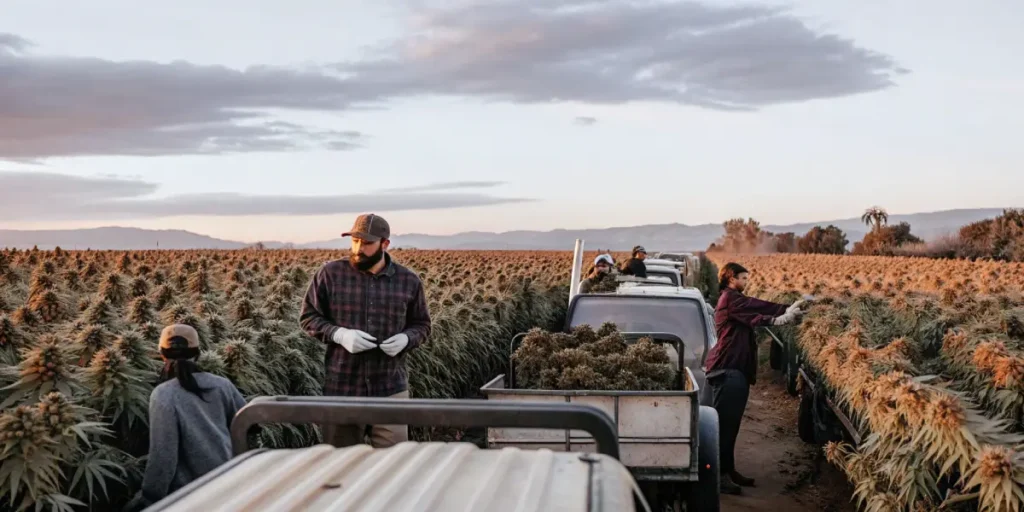 Workers harvesting cannabis plants and loading them onto trucks in a sunset-lit field.