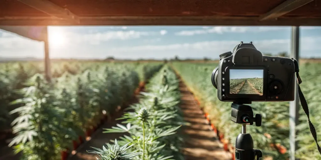 Photographie d’un champ de cannabis avec un appareil photo capturant la scène.