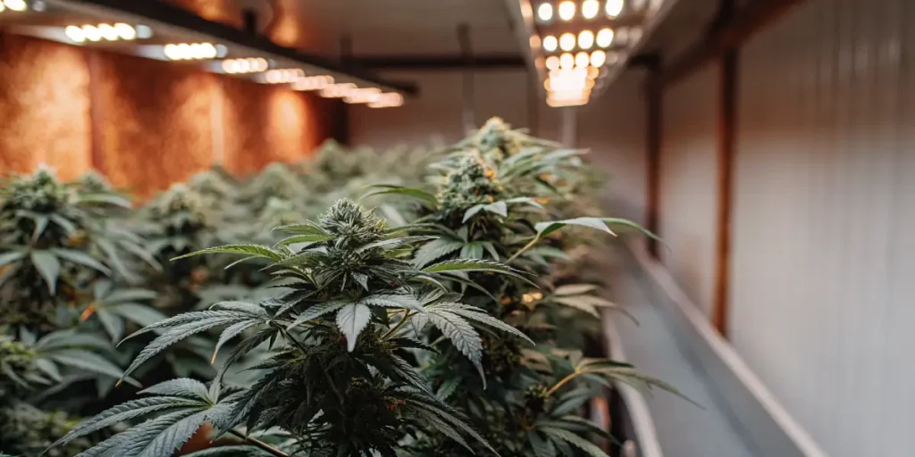 flowering cannabis plant in indoor grow room under LED lights