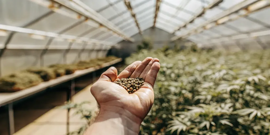 Graine de cannabis dans une main ouverte à l’intérieur d’une serre moderne.