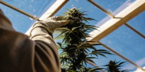 Cannabis plant held by a grower in a greenhouse with sunlight