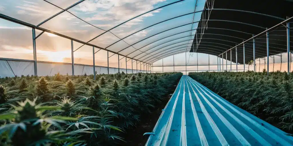 Grande serre de cannabis avec des rangées de plantes luxuriantes sous un coucher de soleil éclatant.