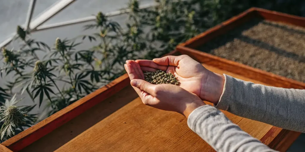 A grower holding fresh cannabis seeds with drying trays and plants in the background.