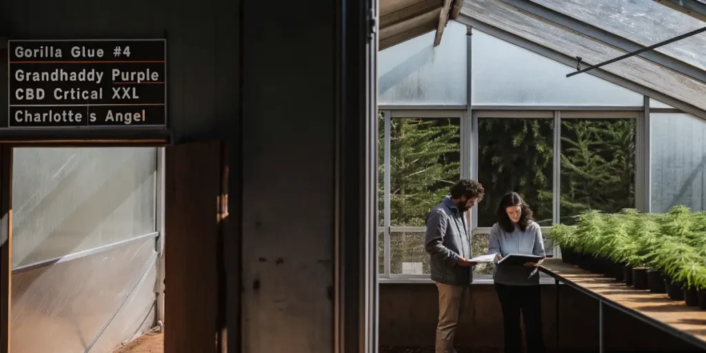 Two cannabis growers reviewing strain data inside a greenhouse filled with potted plants.