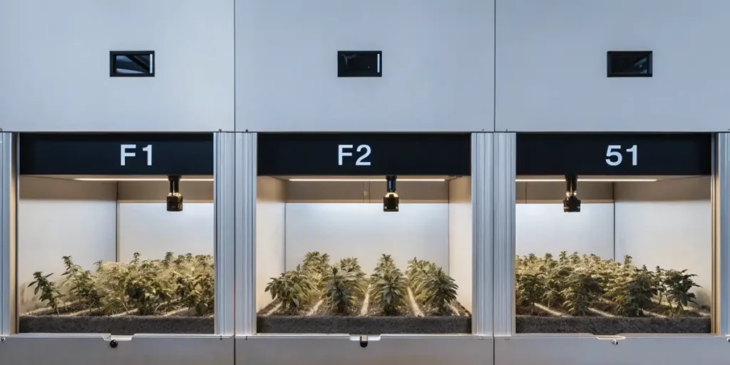 Cannabis plants growing in futuristic lab compartments labeled F1 and F2 with automated lighting.