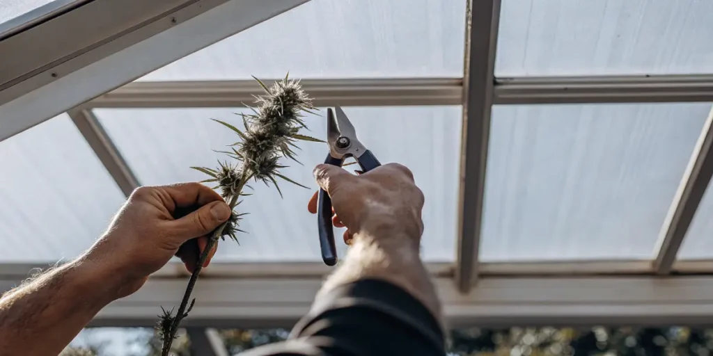 gardener cutting a cannabis branch with pruning shears under sunlight