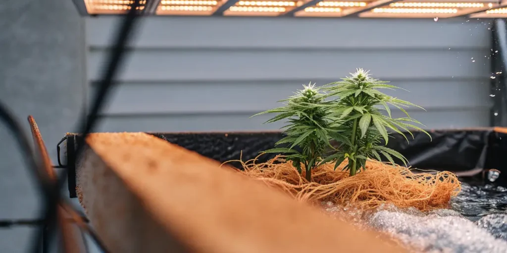 Plante de cannabis cultivée en hydroponie avec racines exposées sous lumière artificielle.