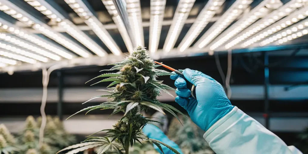Cannabis bud inspected under LED grow lights in lab