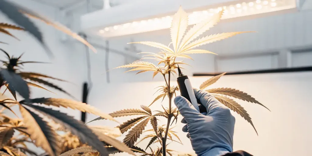 Cannabis plant research under LED light with handheld testing device.