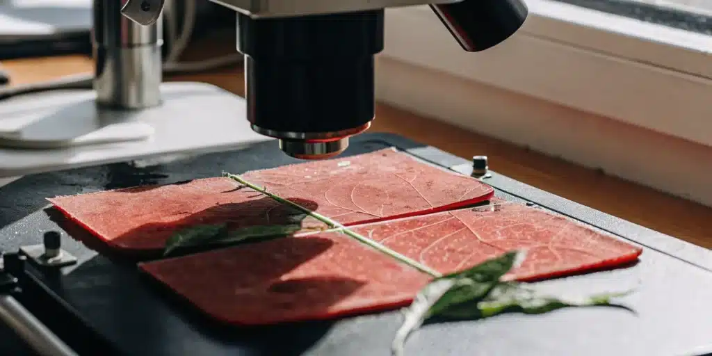 Cannabis leaf fragments placed under a microscope for close examination in a lab.