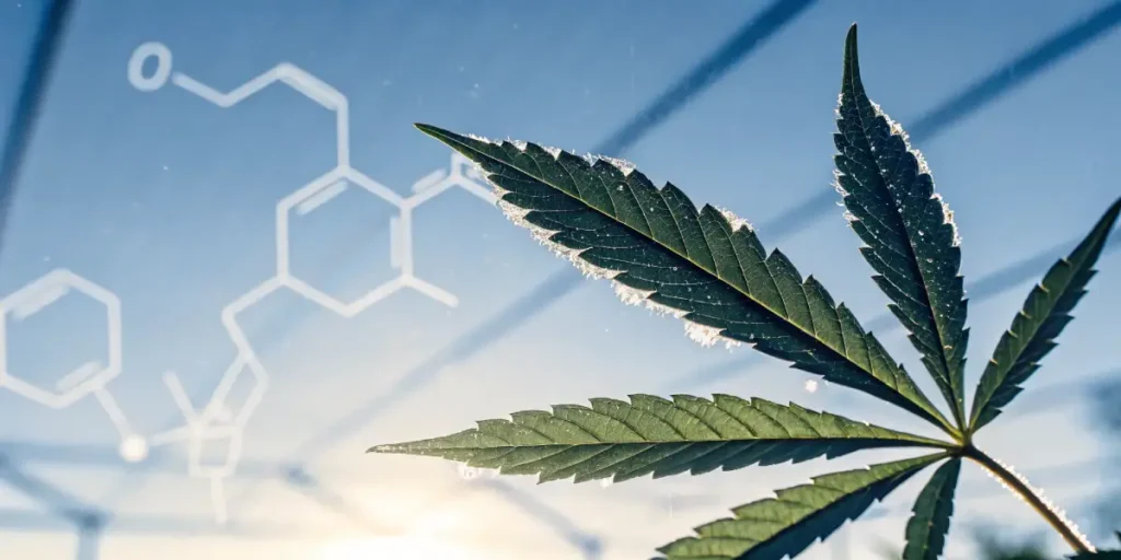 Cannabis leaf photographed with chemical structures in the background during scientific analysis.