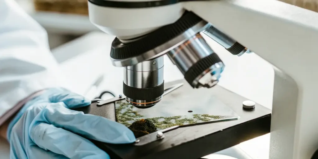 Observation d’une feuille de cannabis au microscope en laboratoire.