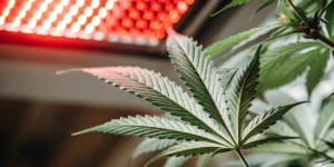 Close-up of a cannabis leaf illuminated by red LED grow lights in an indoor setup.