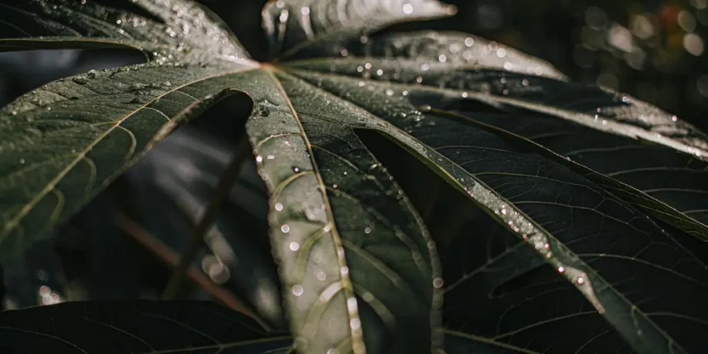 Close-up of a cannabis-like leaf with fresh dew drops glistening in natural sunlight.