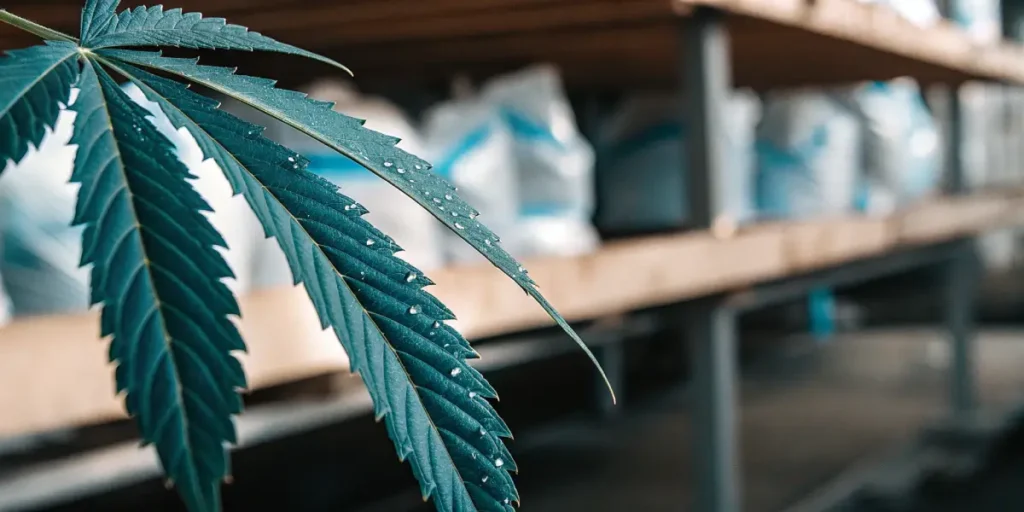 Close-up of a cannabis leaf with tiny water drops on its surface inside a cultivation facility
