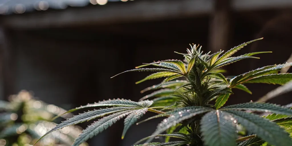 Close-up of cannabis plant leaves covered with fresh water droplets.