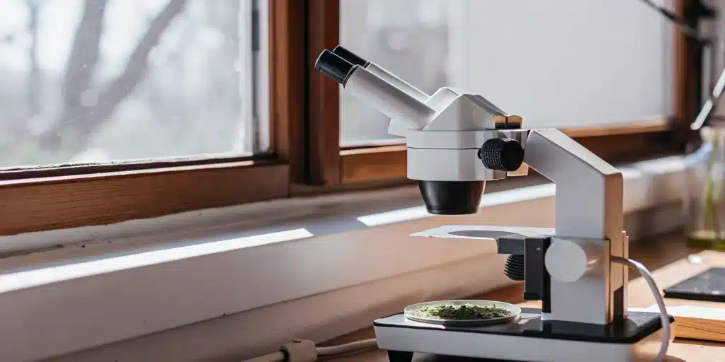 Close-up of a laboratory microscope analyzing a cannabis sample under natural light.
