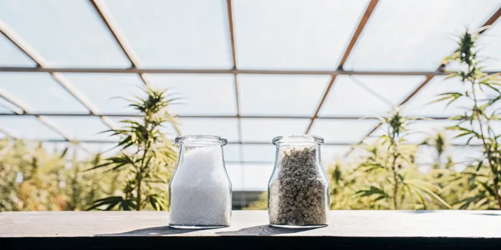 cannabis nutrient salts and granules displayed in glass jars inside a greenhouse with cannabis plants in the background