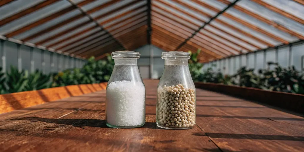 cannabis nutrient salts and pellets stored in transparent glass jars inside a greenhouse