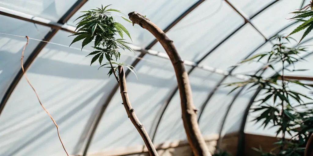 cannabis plant with bent main stem undergoing low stress training in a greenhouse