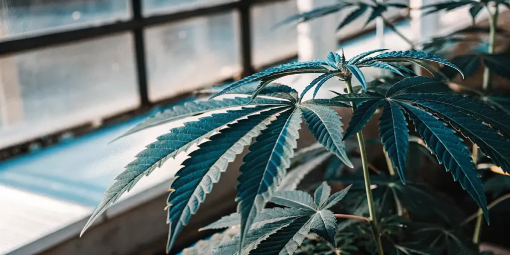 Cannabis plant with blue-toned leaves growing in a greenhouse under filtered sunlight.