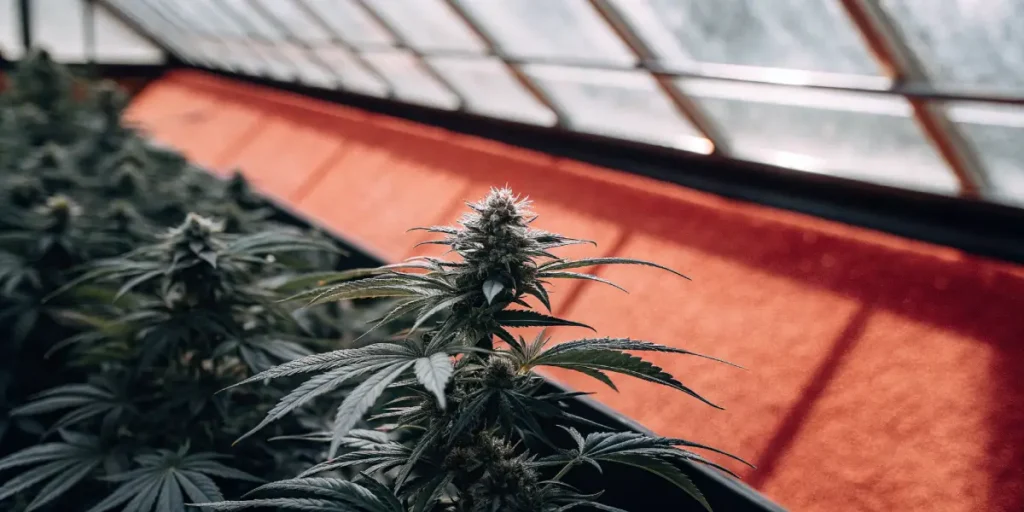 Close-up view of cannabis buds with visible trichomes indoors.
