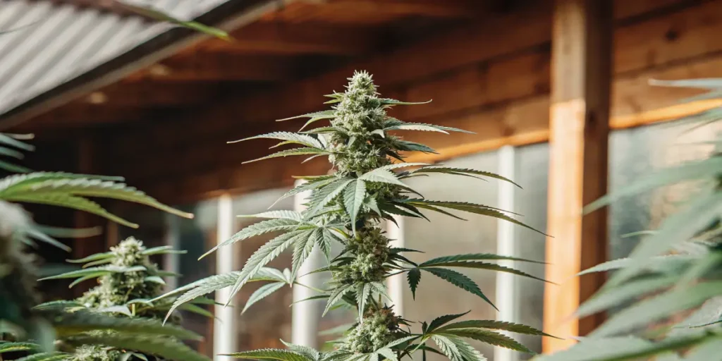 close-up of cannabis plant with a large central cola and resinous buds