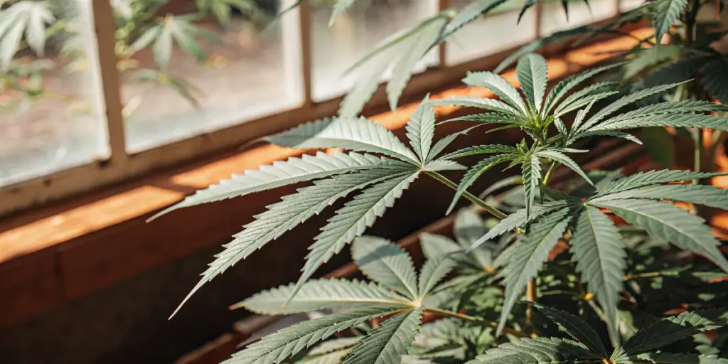 Close-up view of a cannabis plant with dark green leaves under natural sunlight in a greenhouse.