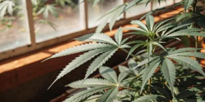 Close-up view of a cannabis plant with dark green leaves under natural sunlight in a greenhouse.
