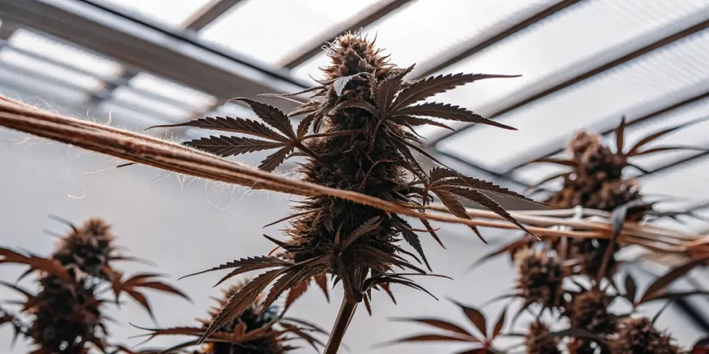 cannabis plant with dark leaves and large main cola tied with trellis support in greenhouse