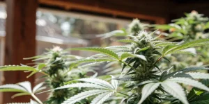 cannabis plant in flowering stage inside a greenhouse with bright sunlight