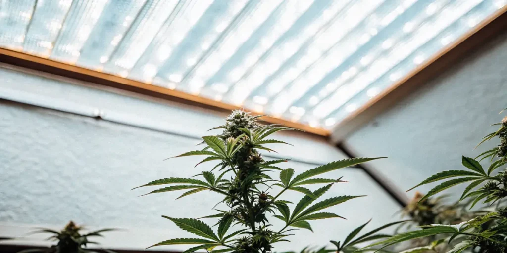 Cannabis plant in the flowering stage under indoor grow lights.