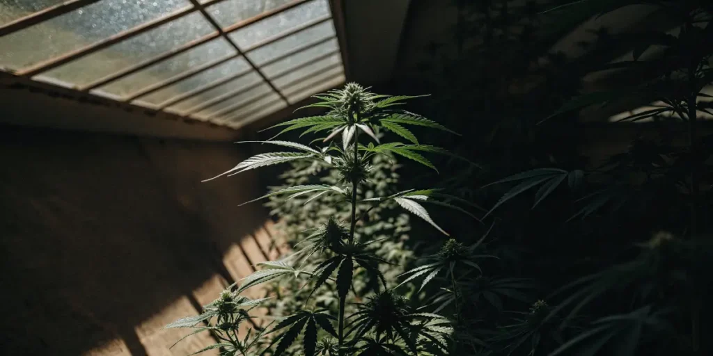 cannabis plant flowering in greenhouse with natural sunlight