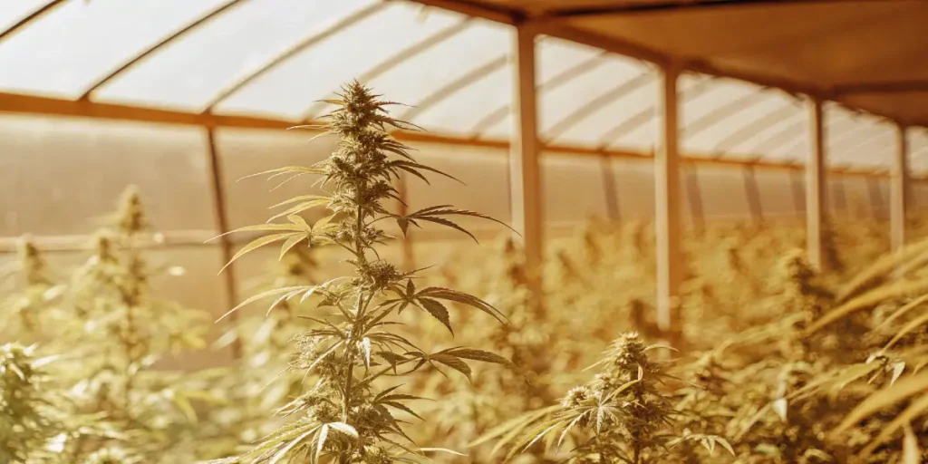 cannabis plant growing in a greenhouse under golden sunlight with dense buds