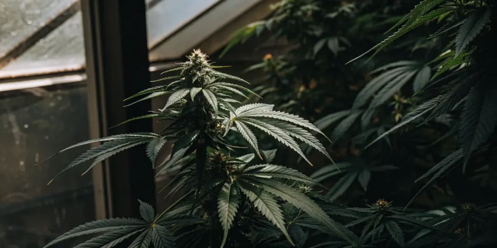 cannabis plant in a greenhouse with a main cola forming under natural light