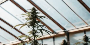 Close-up view of a cannabis plant growing inside a greenhouse with sunlight filtering through the roof.