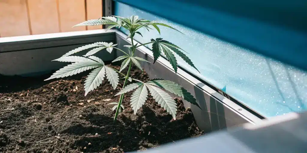 Cannabis plant growing in fertile soil inside a greenhouse with natural sunlight.