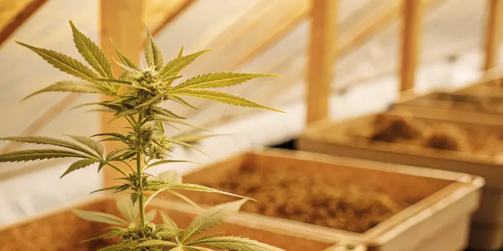 Cannabis plant growing in soil inside a greenhouse with blurred background trays