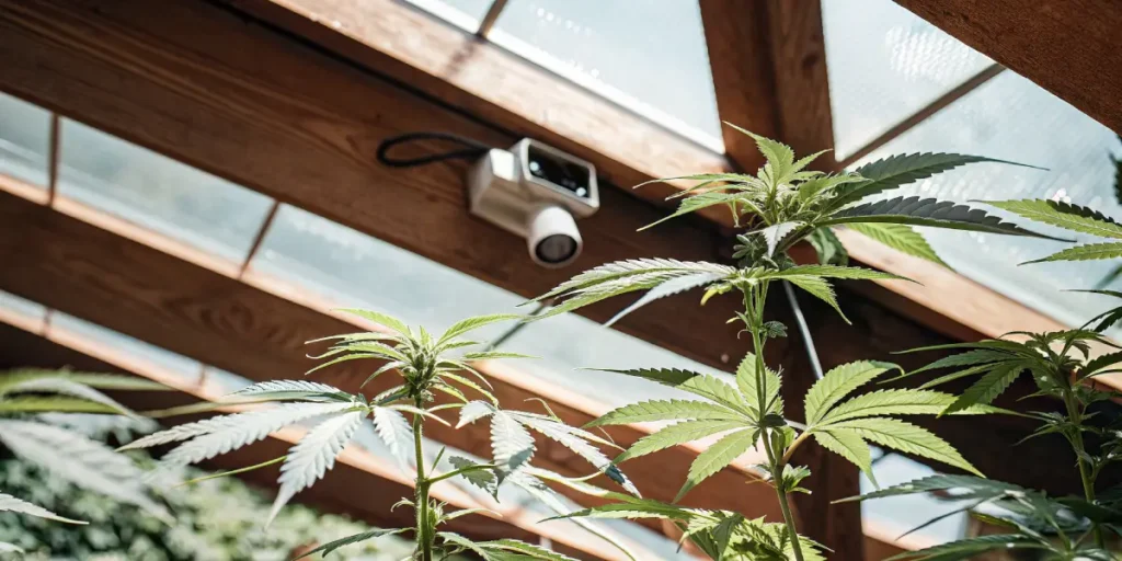 cannabis plant growing in a greenhouse under security camera monitoring