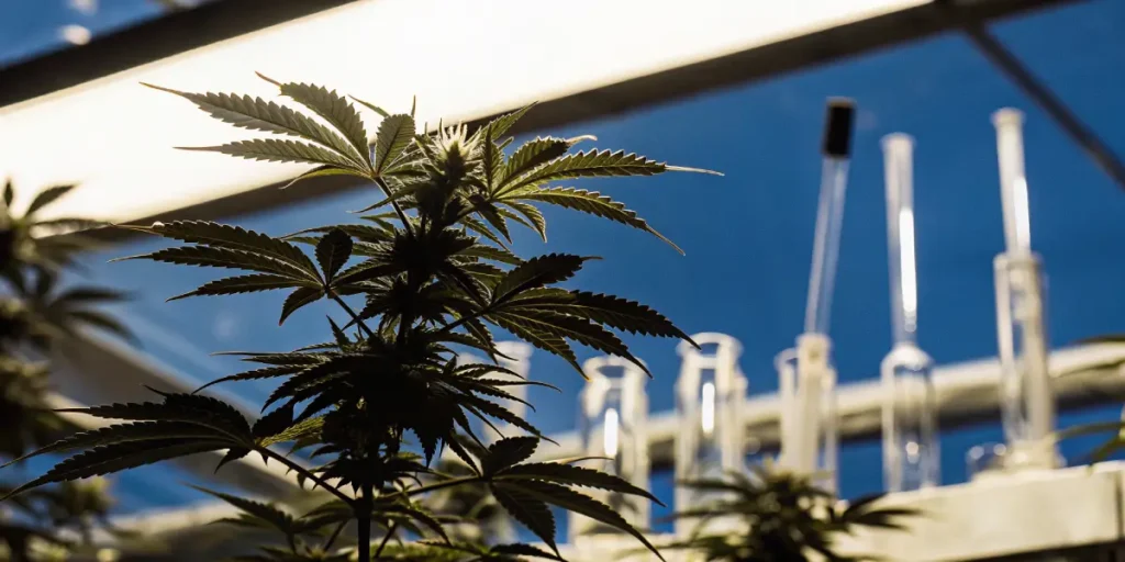 cannabis plant in a laboratory under artificial light with scientific glassware in the background