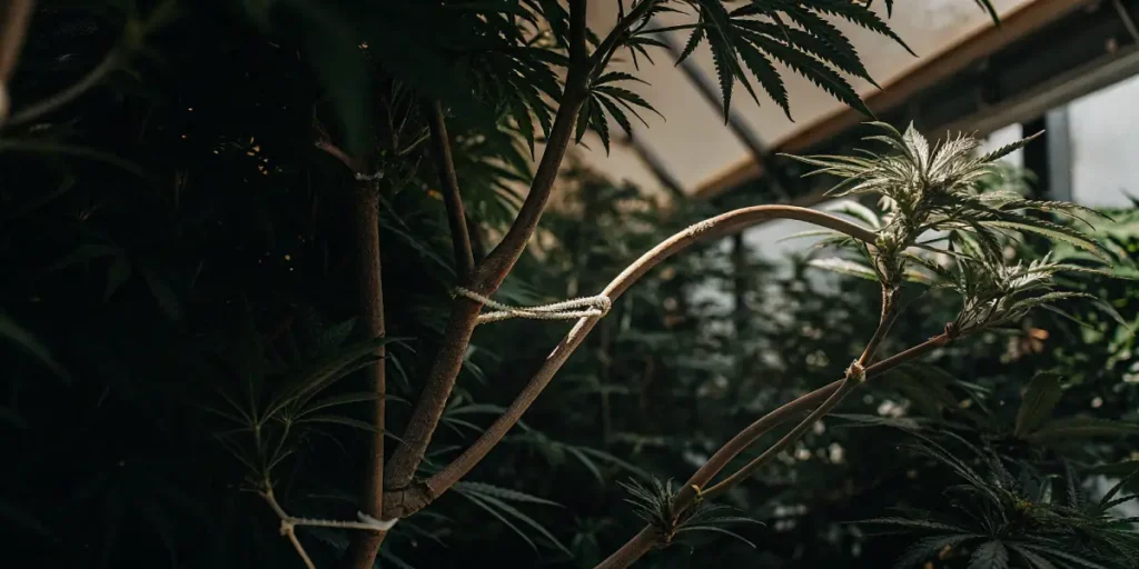 close-up of cannabis plant branches tied with rope for low stress training inside a greenhouse