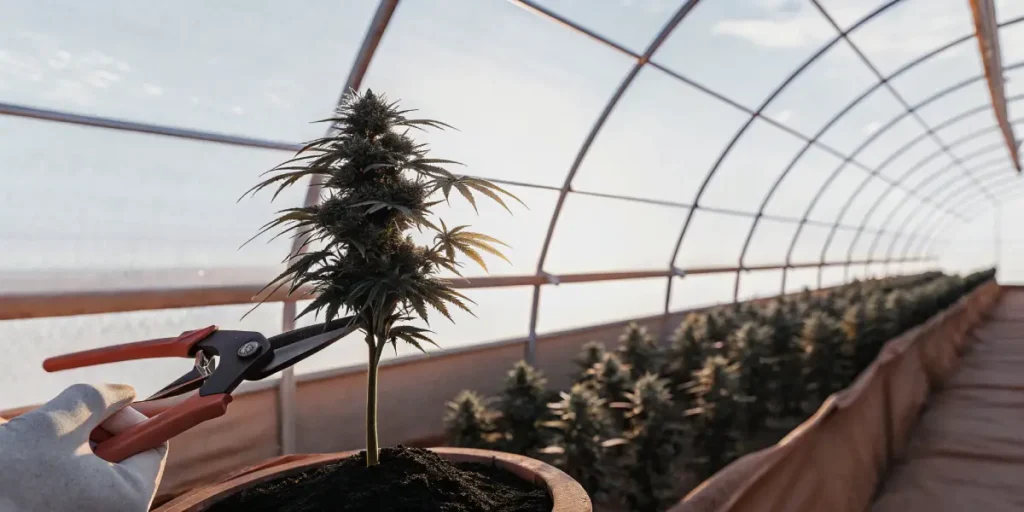 Hands pruning a cannabis plant in a greenhouse with gardening shears.