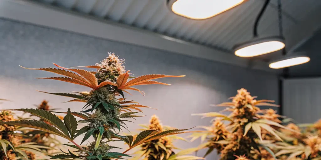 cannabis plant with red-tinted leaves growing indoors under artificial lighting
