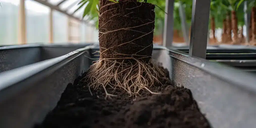 Close-up of a cannabis plant’s root system exposed in nutrient-rich soil inside a greenhouse.