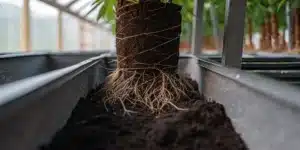 Close-up of a cannabis plant’s root system exposed in nutrient-rich soil inside a greenhouse.