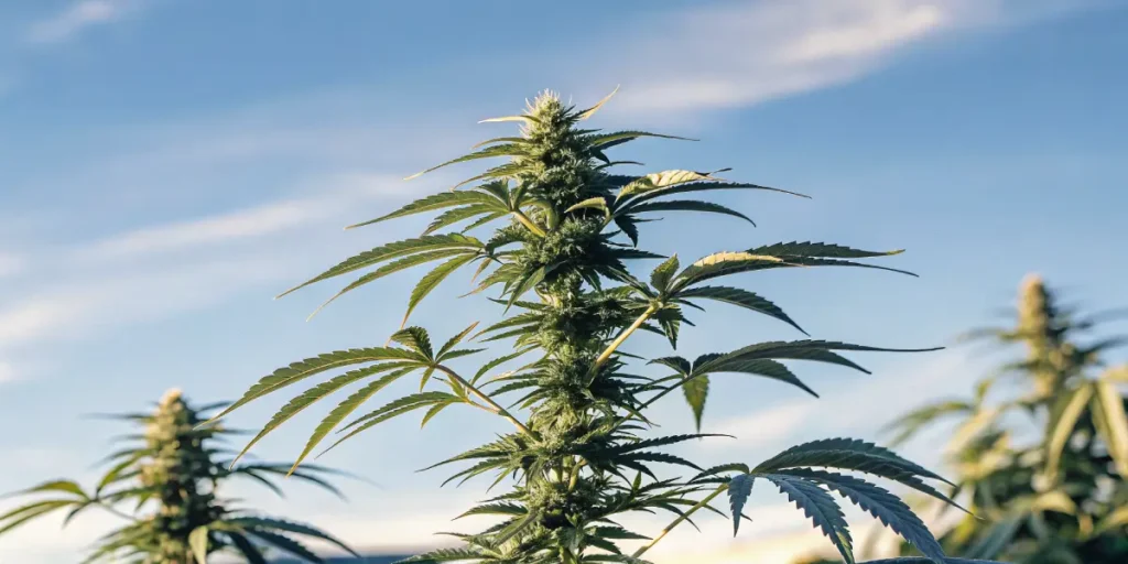 outdoor cannabis plant with central cola against blue sky background